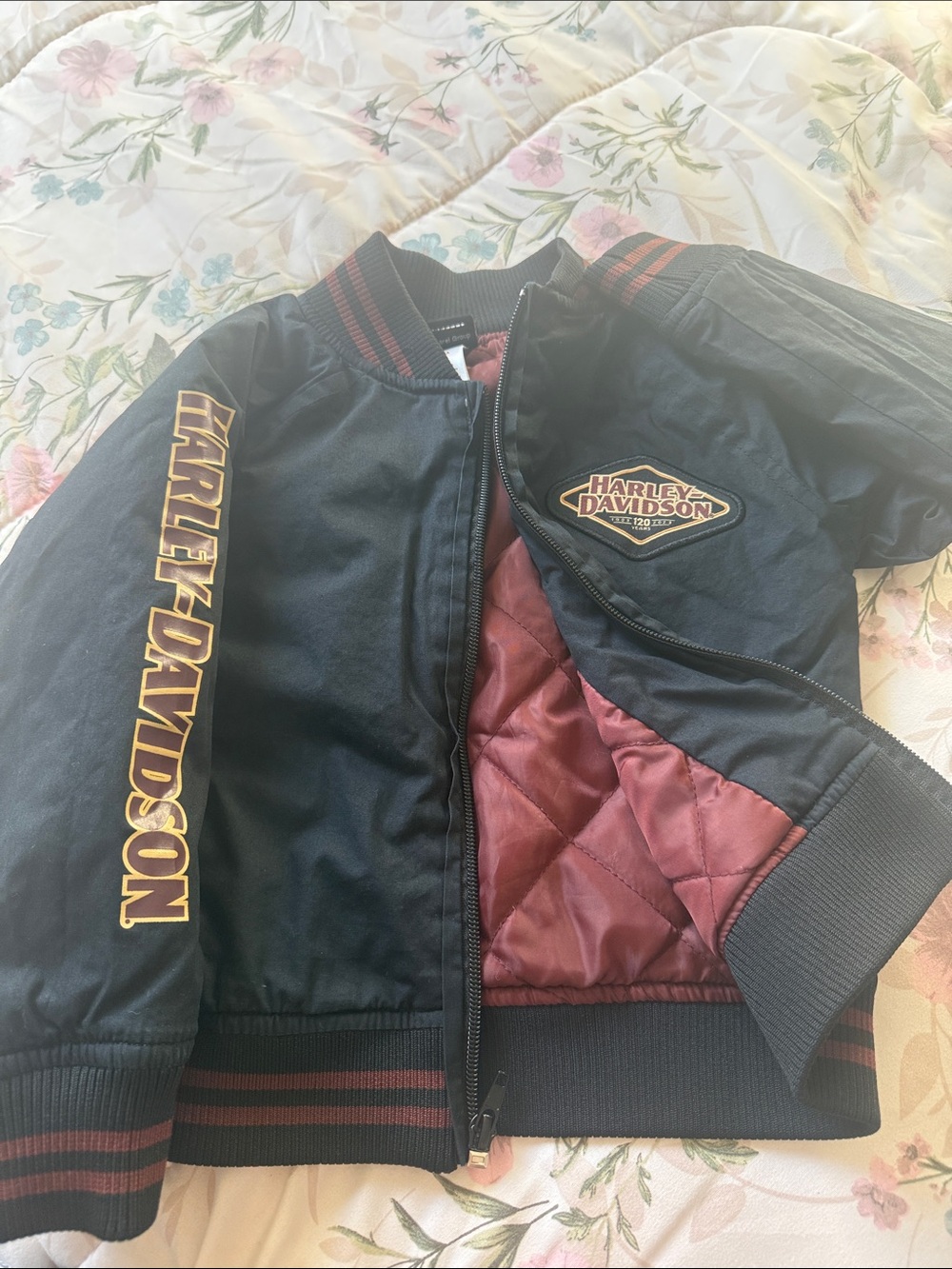 Harley-Davidson120 anniversary Black Jacket with Maroon Quilted Lining size 2/3T